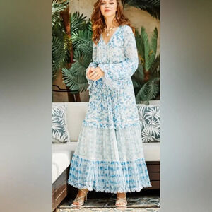 Hemant & Nandita Calee Pleated Long Dress Blue & White Size Small
